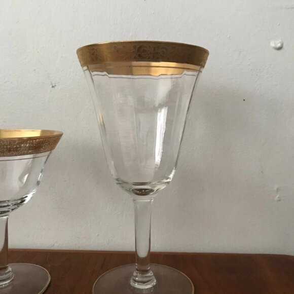 Vintage 5 Glastonbury Rose Lotus Fluted Gold Encrusted Sherbert Wine Glasses Set - Picture 7 of 10